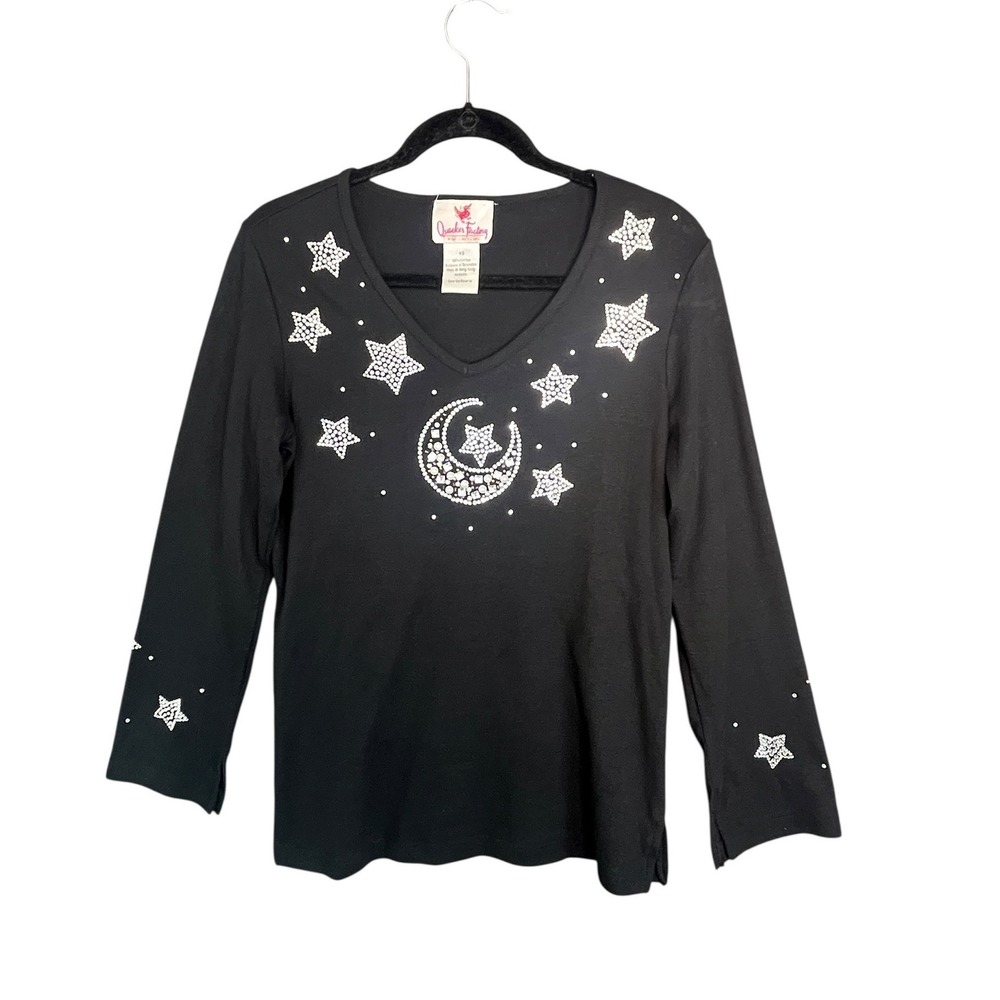 Quacker Factory Womens XS Black Celestial‎ Moon Stars Rhinestone Top Astrology